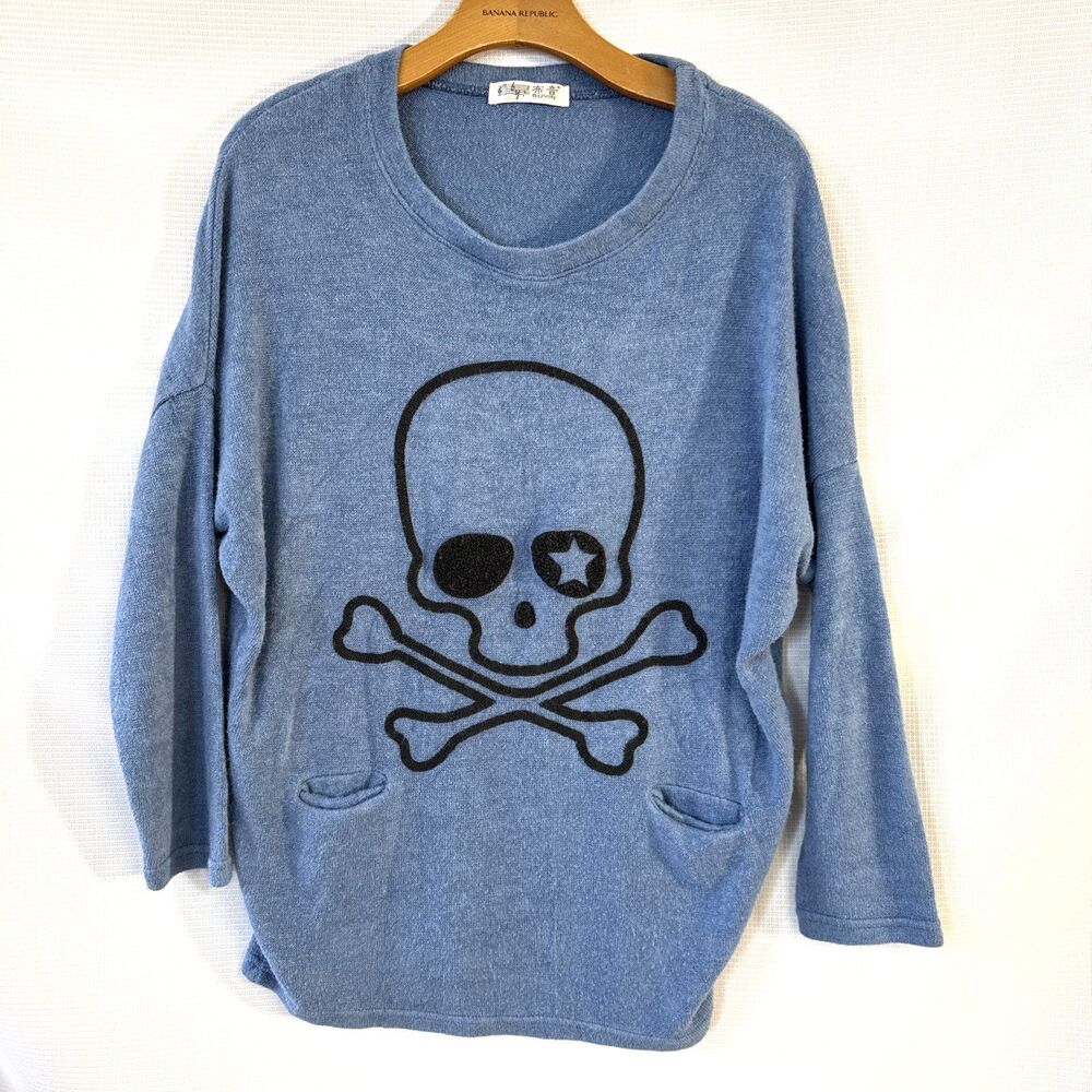 Skull Sweater Women's Crew Neck Pullover Long Sleeve Blue - M